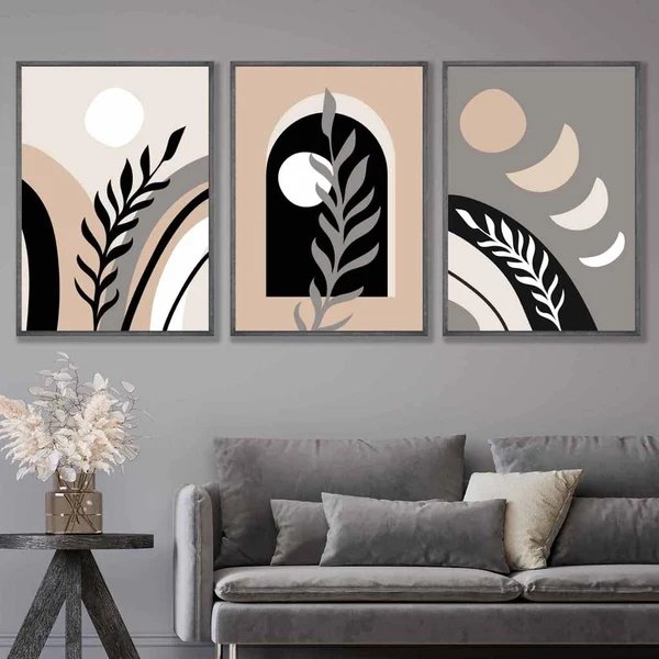 Boho-Stil, abstraktes 3er-Set Wandbilder in Schwarz, Beige und Grau