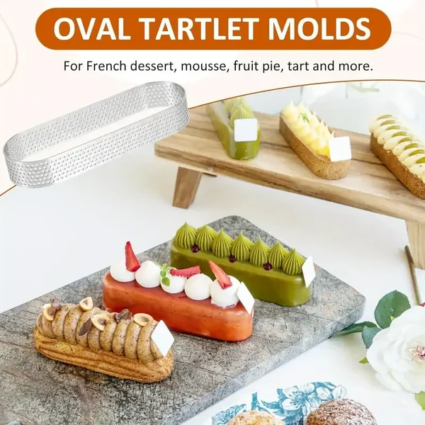 6/8 Stück Edelstahl Oval Tarte-Ringe Perforierte Teig- und Kuchenformen Hover Image
