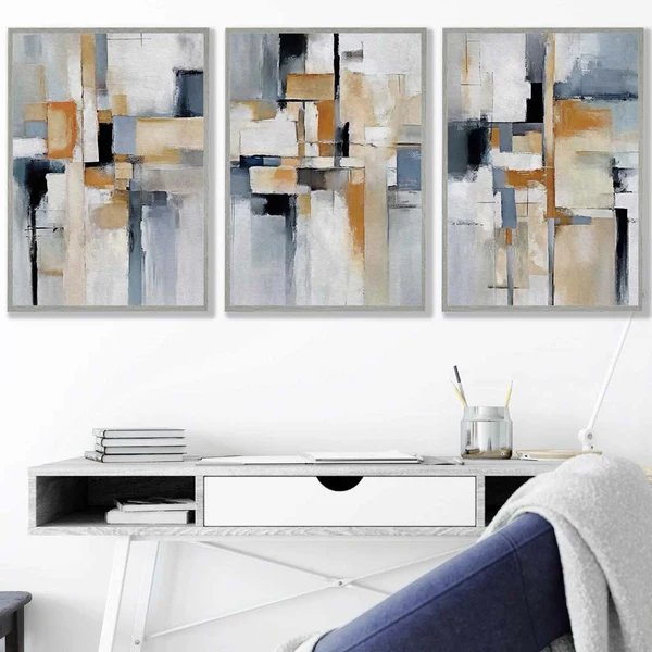Abstrakte Wandbilder in Blau und Orange auf Beige Hover Image