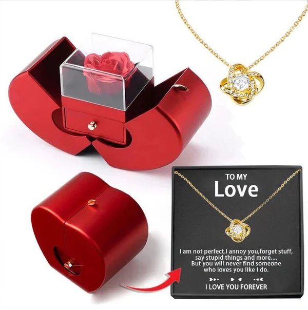 Rote Apfel Schmuckbox mit ewiger Rose und Halskette