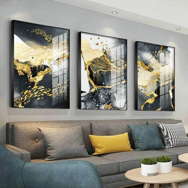 Goldene, schwarze und weiße Spritzer - Leinwand Wandkunst Malerei