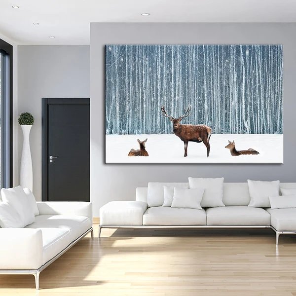 Zwei Rehe und ein Hirsch im Winter - Leinwandbild Hover Image