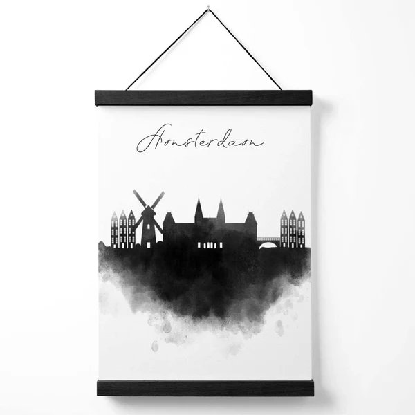 Amsterdamer Stadtposter mit Aquarell-Skyline und Aufhänger Hover Image
