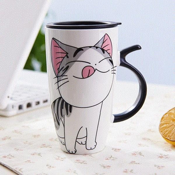 Niedlicher Katzenkeramikbecher mit Deckel