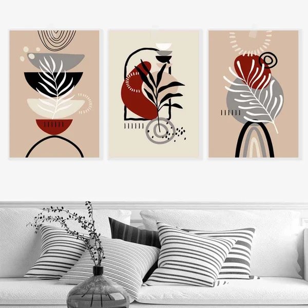 Boho-Blumen-Set, 3 Wandbilder in Schwarz, Beige, Rot und Grau