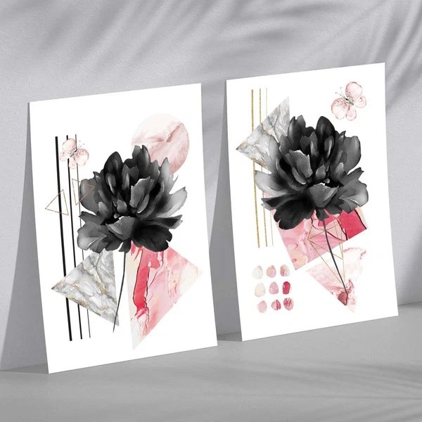 Zeitgenössische Blumen in Schwarz und Rosa, 2er-Set Kunstdrucke