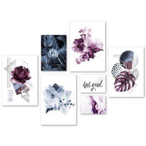 Abstrakte Galeriewand aus lila und blauen Blumen