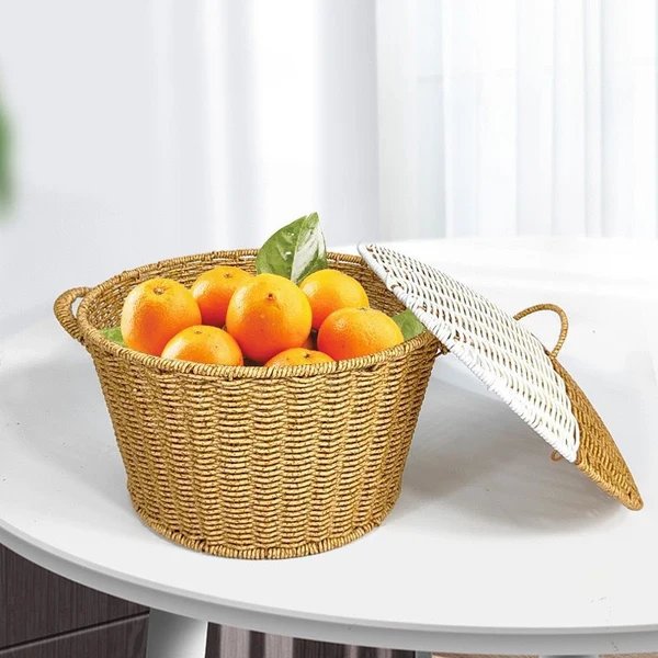 Damen Rattankorb mit Deckel und trendigen Griffen