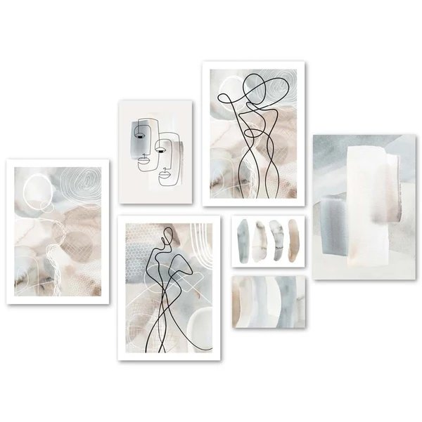 Abstrakte beige und blaue Linienkunst-Galeriewand