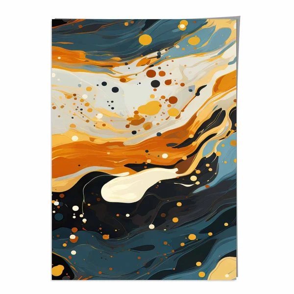 Abstraktes Gemälde, Flüssigkunstdruck, Blau, Orange und Beige Nr. 4
