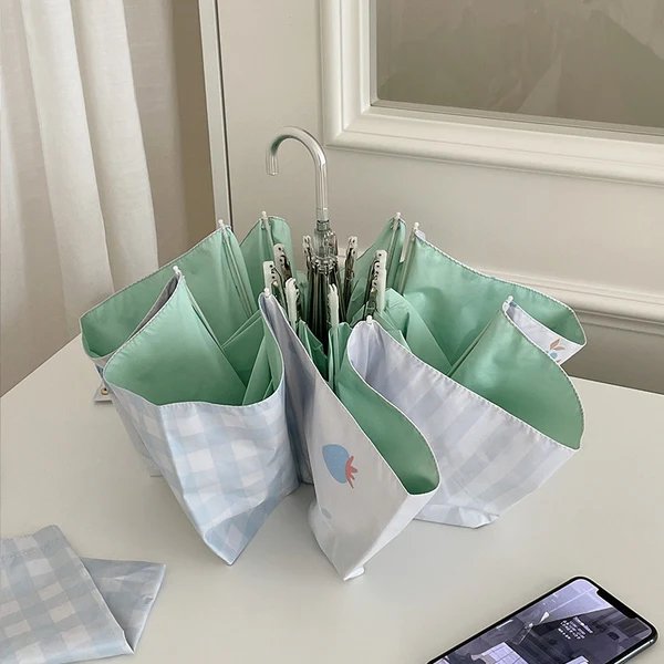 Damen eleganter kompakter Regenschirm mit Gingham-Muster