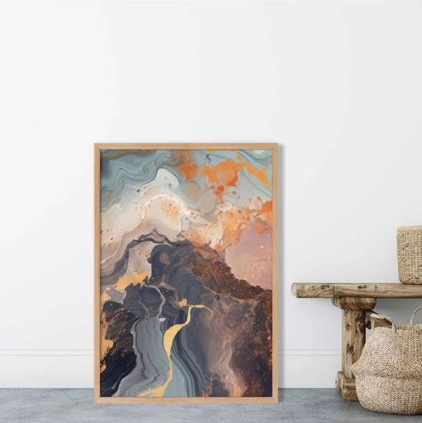Abstraktes Gemälde, Fluid-Art-Druck, Orange, Grau und Gold Nr. 4 Hover Image