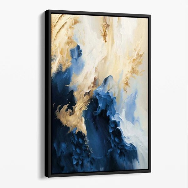 Abstraktes Wandbild auf Leinwand in Blau und Gold mit Farbstreifen Nr. 3 Hover Image
