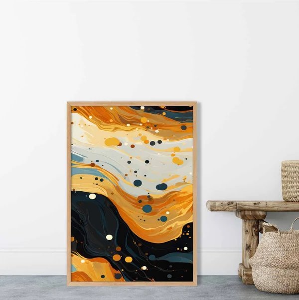 Abstraktes Gemälde, Fluid-Art-Druck, Blau, Orange und Beige Nr. 3 Hover Image