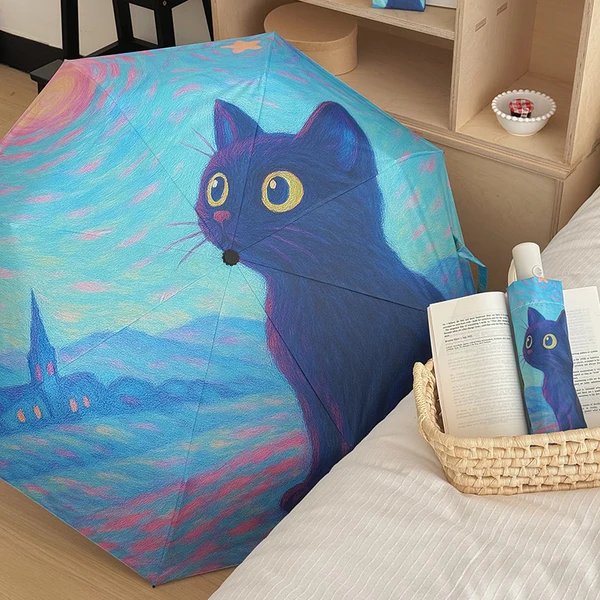Damen Faltregenschirm mit kreativem Katzenmotiv und praktischem Etui