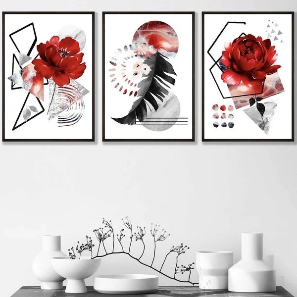 Abstraktes, rot-schwarzes botanisches Set aus 3 gerahmten Wandbildern