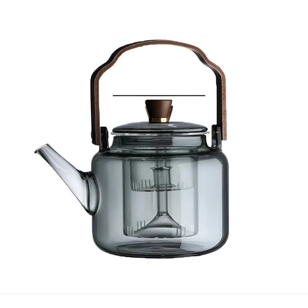 Glas Teekanne mit Holzdeckel und Sieb – Elegantes Design | 1,2 L Rauchglas für stilvollen Teegenuss
