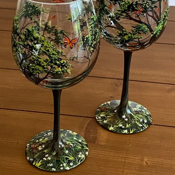 Weinglas Four Seasons Tree - handgemalte Kunst