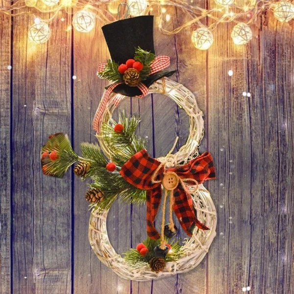 Rustikaler Weihnachtskranz mit Schneemann und LED-Dekoration Hover Image