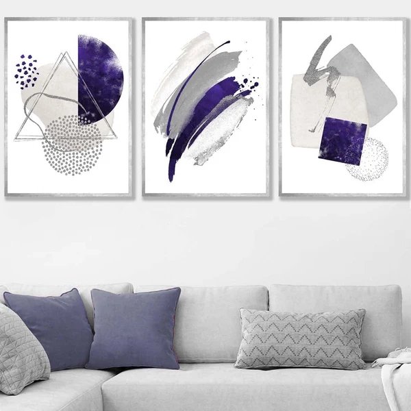 Abstrakte lila-silberne Aquarellformen, 3er-Druckset Hover Image