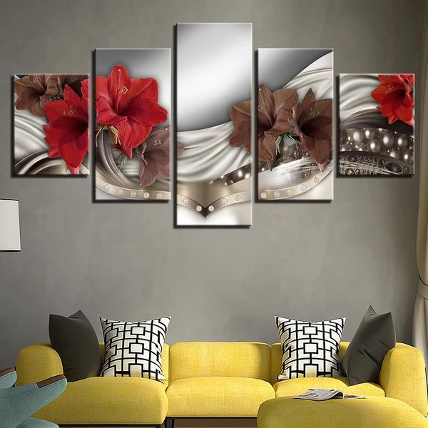 5-teiliges Leinwandbild mit eleganten roten Blumen Hover Image