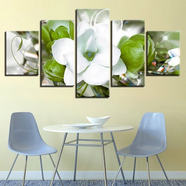 Zarte weiße und grüne Blumen 5-teilig - Canvas Wandkunst Gemälde