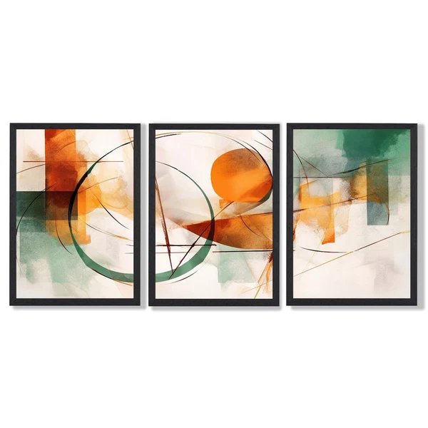 Abstraktes Set aus 3 Wandbildern in Grün und Orange