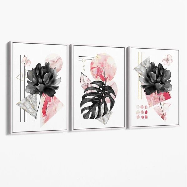 Abstraktes rosa-schwarzes 3er-Set floraler Leinwandbilder Hover Image