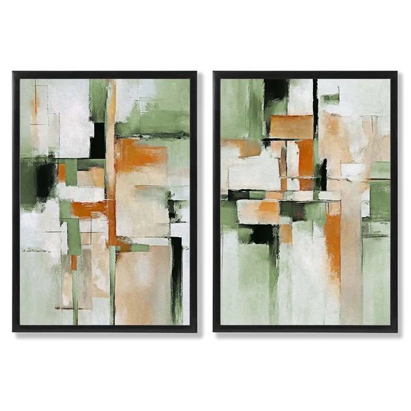 Abstraktes grünes und oranges Set aus 2 gerahmten Kunstdrucken