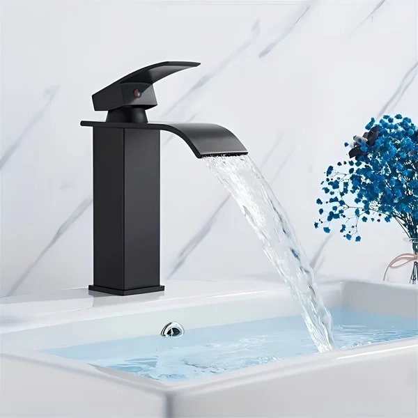 Edelstahl-Waschtischarmatur – Wasserfallauslauf mit Warm- und Kaltwasser | Einloch-Mischbatterie im Black-Design für das Badezimmer