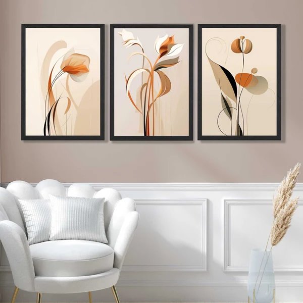 Art-Deco-Kunstdrucke, beige-orange mit Blumenmuster, 3er-Set