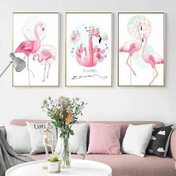 Pink Flamingo Tiere Blumen Poster - Leinwand Wandkunst Gemälde