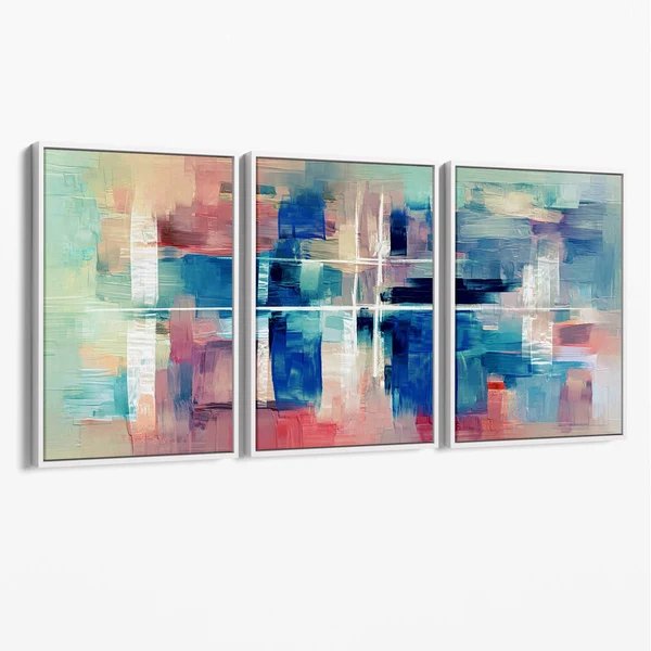 Abstraktes Leinwandbild mit Farbstreifen in Blau und Rosa Hover Image