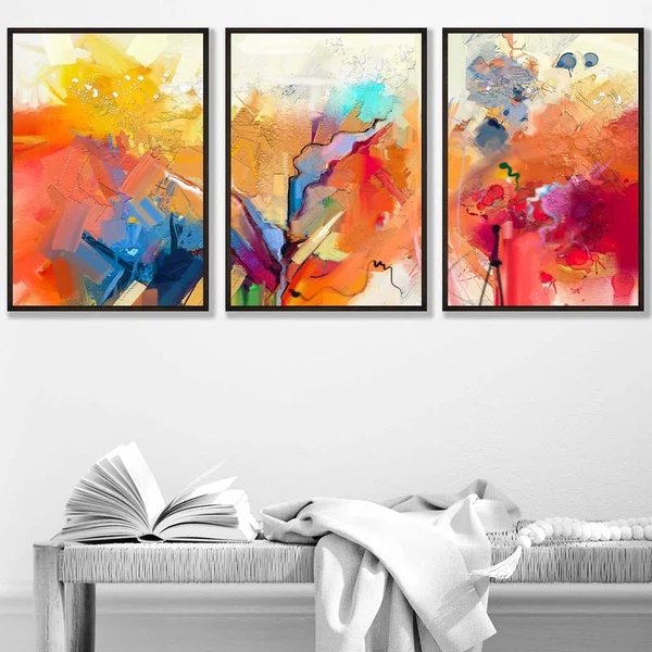 Abstraktes, farbenfrohes Set aus 3 Wandbildern in Orange, Rosa und Rot Hover Image