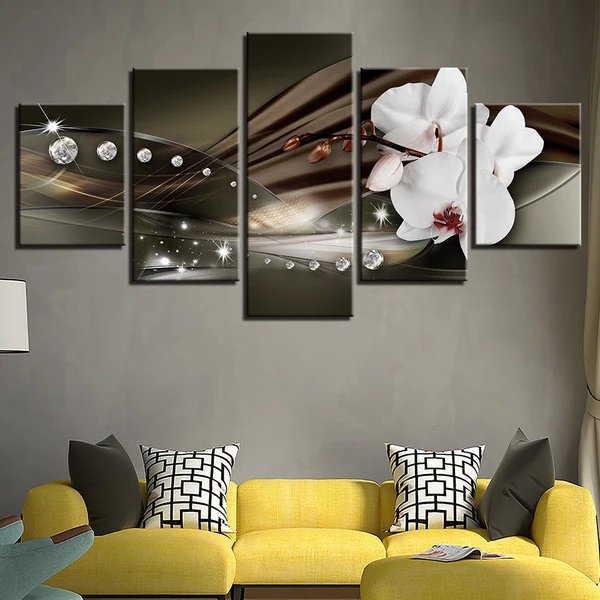 Weiße Orchideen und funkelnde Kristalle, 5-teiliges Leinwandbild Hover Image