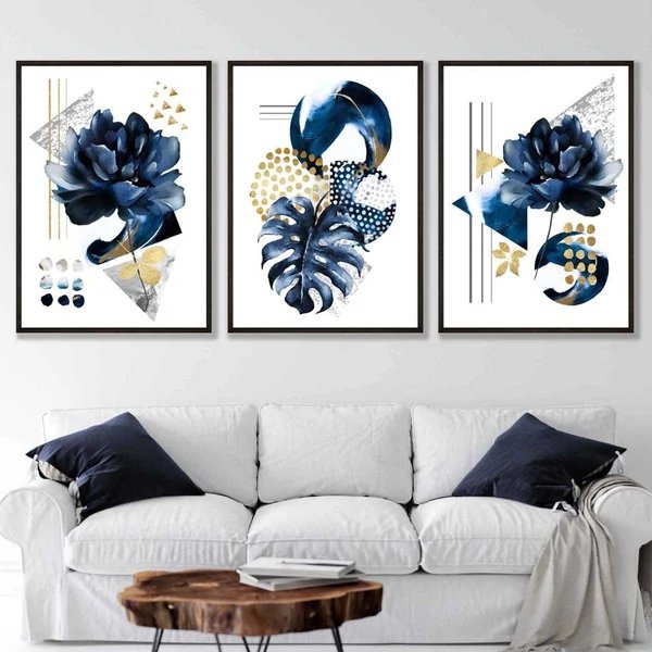 Abstraktes maritimes und goldenes botanisches Set aus 3 gerahmten Wandbildern Hover Image